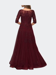 Lace and Tulle A-line Gown with Three Quarter Sleeves