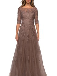 Lace and Tulle A-line Gown with Three Quarter Sleeves - Cocoa