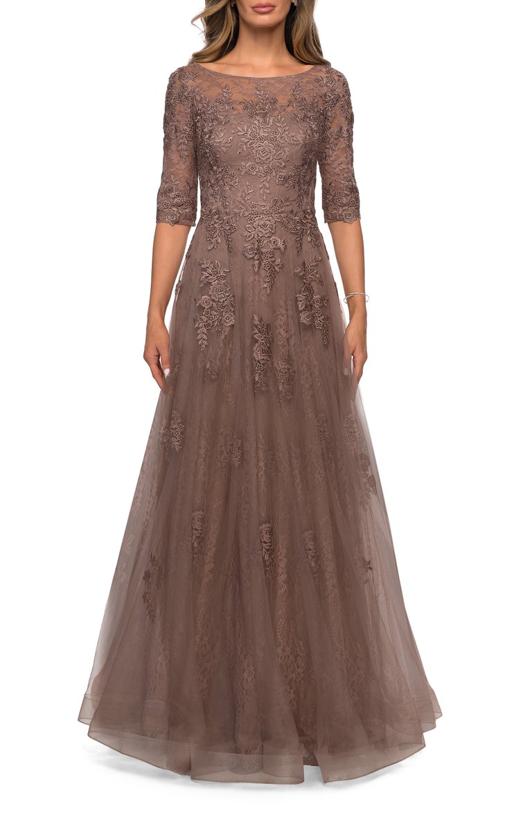 Lace and Tulle A-line Gown with Three Quarter Sleeves - Cocoa
