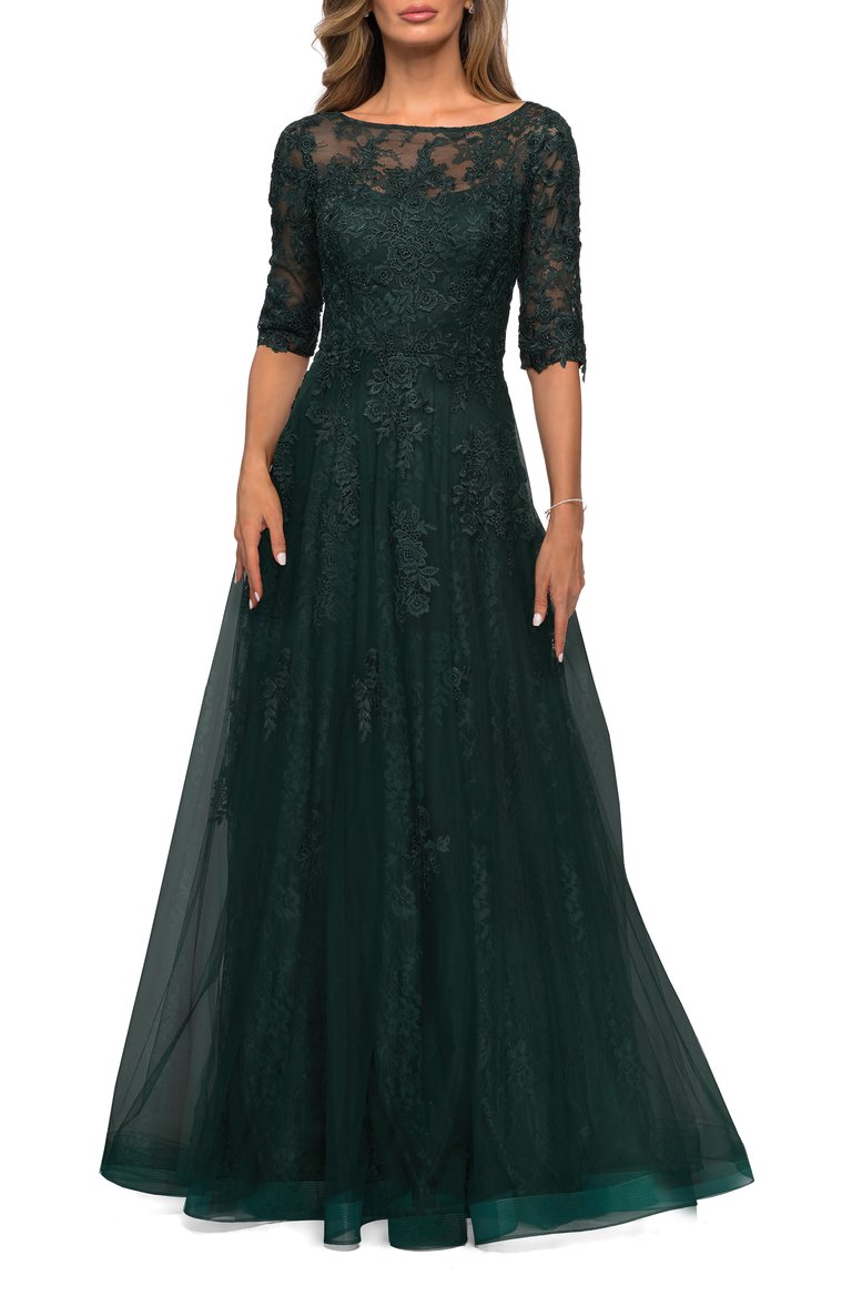 Lace and Tulle A-line Gown with Three Quarter Sleeves - Emerald