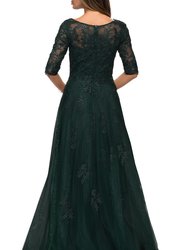 Lace and Tulle A-line Gown with Three Quarter Sleeves