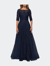 Lace and Tulle A-line Gown with Three Quarter Sleeves - Navy