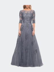 Lace and Tulle A-line Gown with Three Quarter Sleeves - Slate