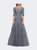 Lace and Tulle A-line Gown with Three Quarter Sleeves - Slate