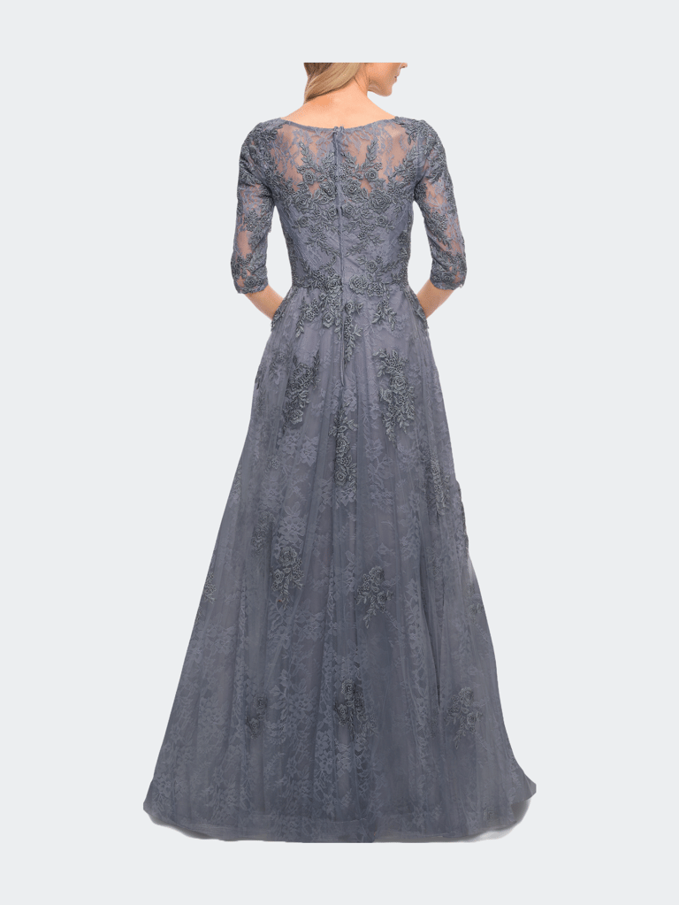 Lace and Tulle A-line Gown with Three Quarter Sleeves