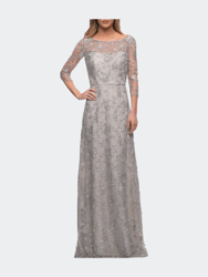 Lace Dress with Three-Quarter Sleeves and Illusion Neckline