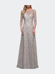 Lace Dress with Three-Quarter Sleeves and Illusion Neckline - Pearl Silver