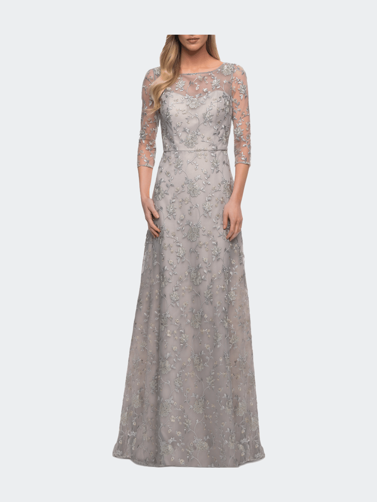 Lace Dress with Three-Quarter Sleeves and Illusion Neckline - Pearl Silver