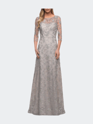 Lace Dress with Three-Quarter Sleeves and Illusion Neckline - Pearl Silver