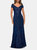 Lace Evening Gown with Cap Sleeves and V-Neck - Navy