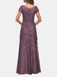 Lace Evening Gown with Cap Sleeves and V-Neck