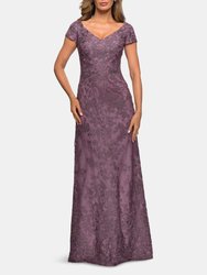 Lace Evening Gown with Cap Sleeves and V-Neck - Dusty Lilac