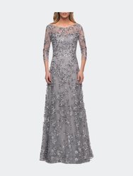 Lace Gown with Full Skirt and Sheer Lace Sleeves - Silver
