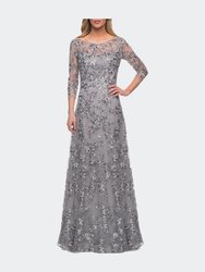 Lace Gown with Full Skirt and Sheer Lace Sleeves