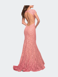 Lace Mermaid Gown with Cap Sleeves and Open Back