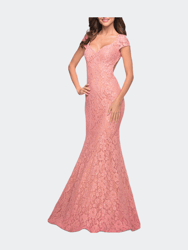 Lace Mermaid Gown with Cap Sleeves and Open Back - Coral