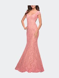 Lace Mermaid Gown with Cap Sleeves and Open Back - Coral