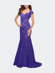 Lace Mermaid Gown with Cap Sleeves and Open Back - Indigo