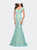Lace Mermaid Gown with Cap Sleeves and Open Back - Light Mint