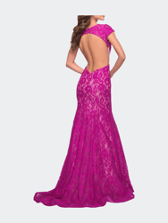 Lace Mermaid Gown with Cap Sleeves and Open Back