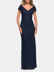 Lace Off The Shoulder Cap Sleeve Evening Dress - Navy