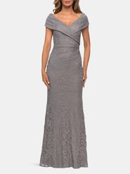 Lace Off The Shoulder Cap Sleeve Evening Dress - Platinum