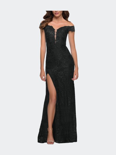 La Femme Lace Off the Shoulder Gown with Deep V Neckline product