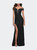 Lace Off the Shoulder Gown with Deep V Neckline - Black