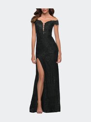 Lace Off the Shoulder Gown with Deep V Neckline - Black