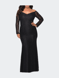 Lace Off The Shoulder Long Sleeve Plus Dress With Stones - Black