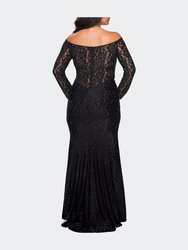 Lace Off The Shoulder Long Sleeve Plus Dress With Stones
