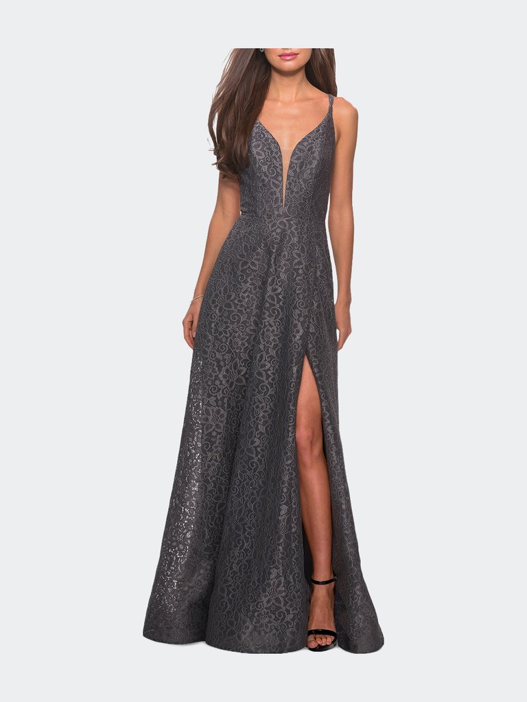 Lace Prom Dress with Illusion Neckline and Slit - Gunmetal