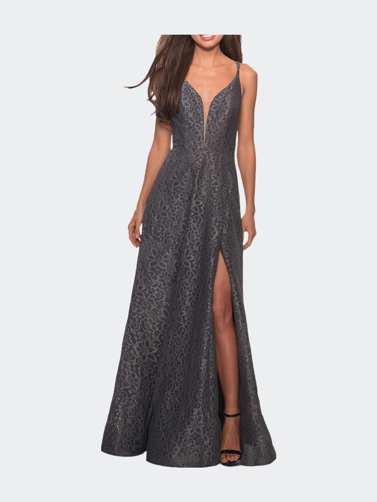Lace Prom Dress with Illusion Neckline and Slit