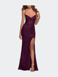 Lace Prom Gown With Sheer Bodice And Tie Up Back - Dark Berry - Dark Berry