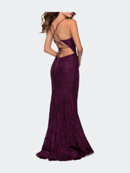 Lace Prom Gown With Sheer Bodice And Tie Up Back - Dark Berry