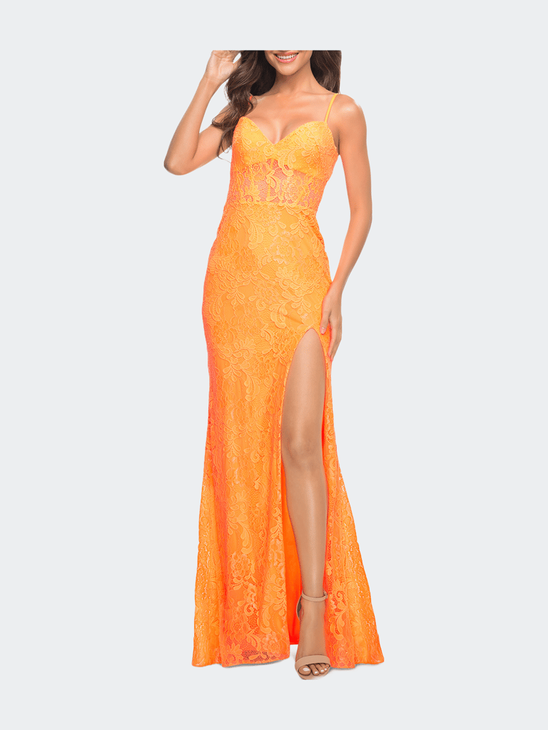 Lace Prom Gown With Sheer Bodice and Tie Up Back - Orange