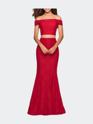 Lace Two Piece Off The Shoulder Dress With Rhinestones - Red