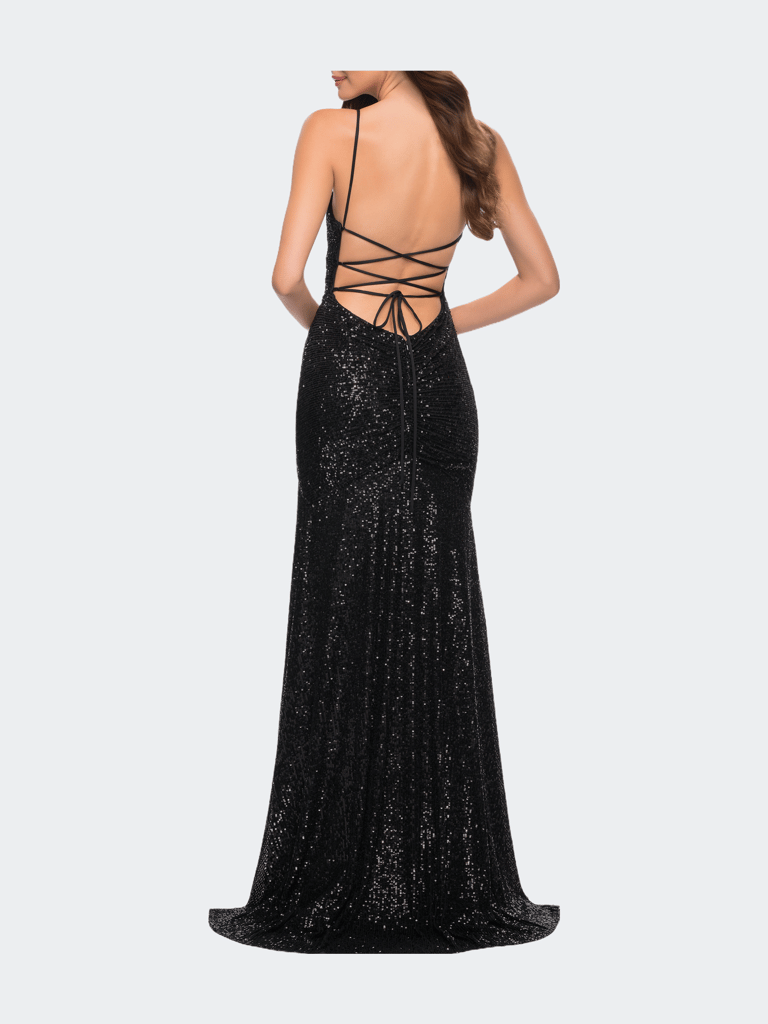 Lace Up Back Sequin Gown with Flare Skirt