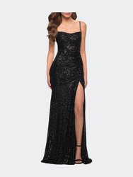 Lace Up Back Sequin Gown with Flare Skirt - Black