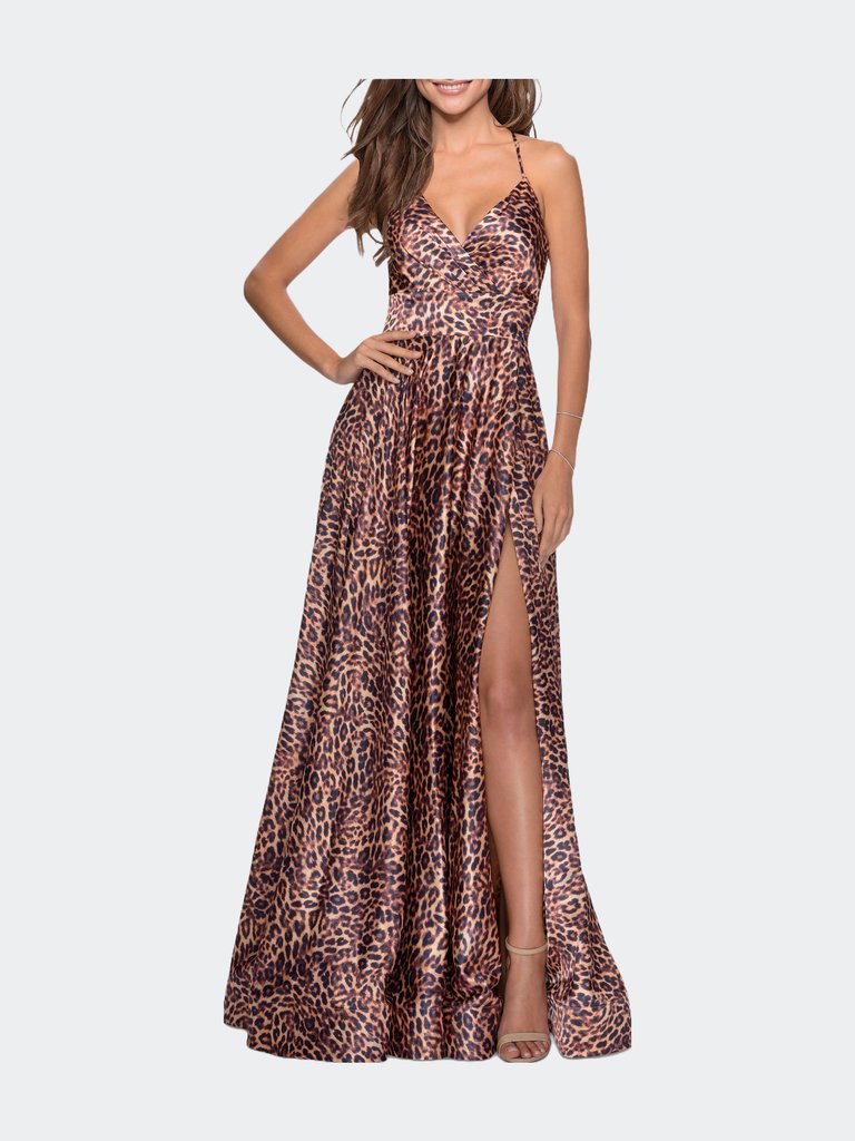 Leopard Print A-line Prom Gown with Tie Up Back - Leopard