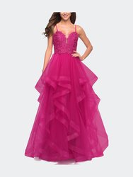 Long Ball Gown with Tulle Skirt and Beaded Lace Bodice - Hot Fuchsia