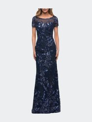 Long Beaded Lace Dress with Sheer Neckline - Navy