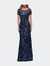 Long Beaded Lace Dress with Sheer Neckline - Navy