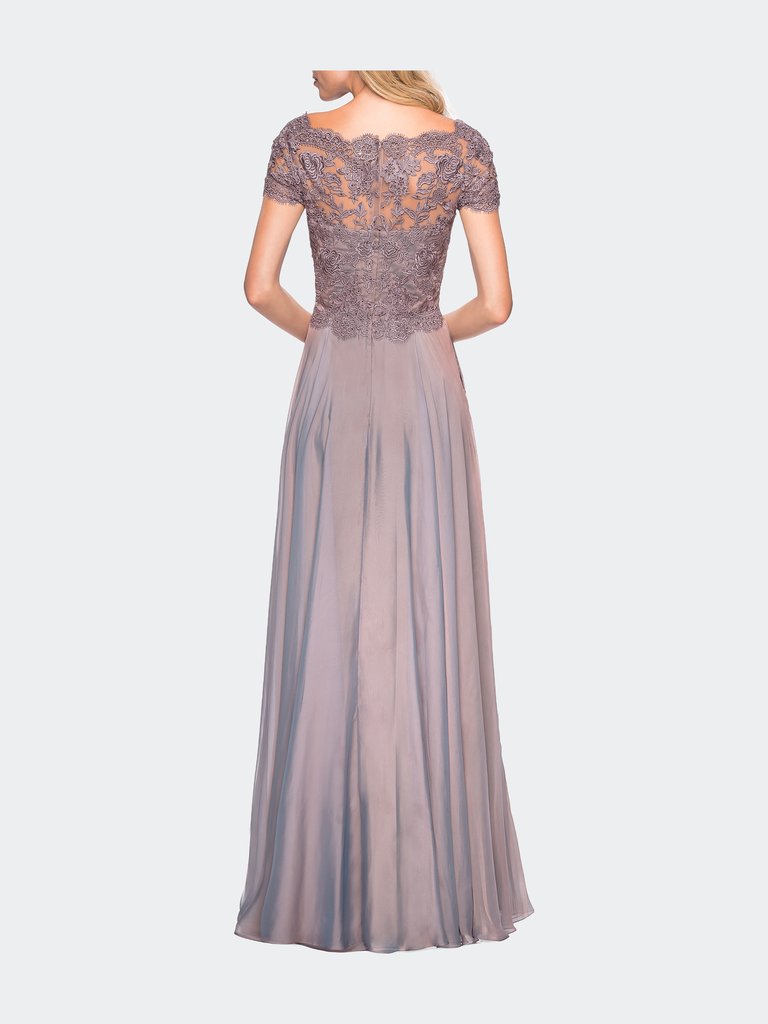 Long Chiffon Dress with Lace Bodice and Pockets