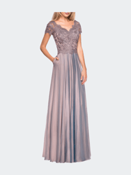 Long Chiffon Dress with Lace Bodice and Pockets - Cocoa