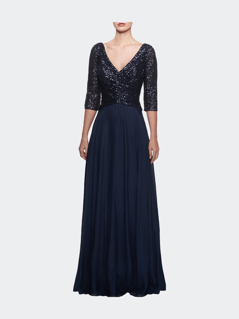 Long Chiffon Evening Gown With Sequined Bodice - Navy