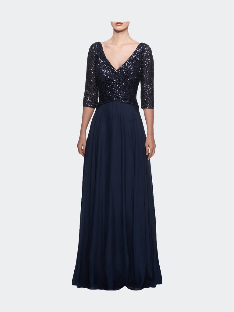 Long Chiffon Evening Gown With Sequined Bodice - Navy