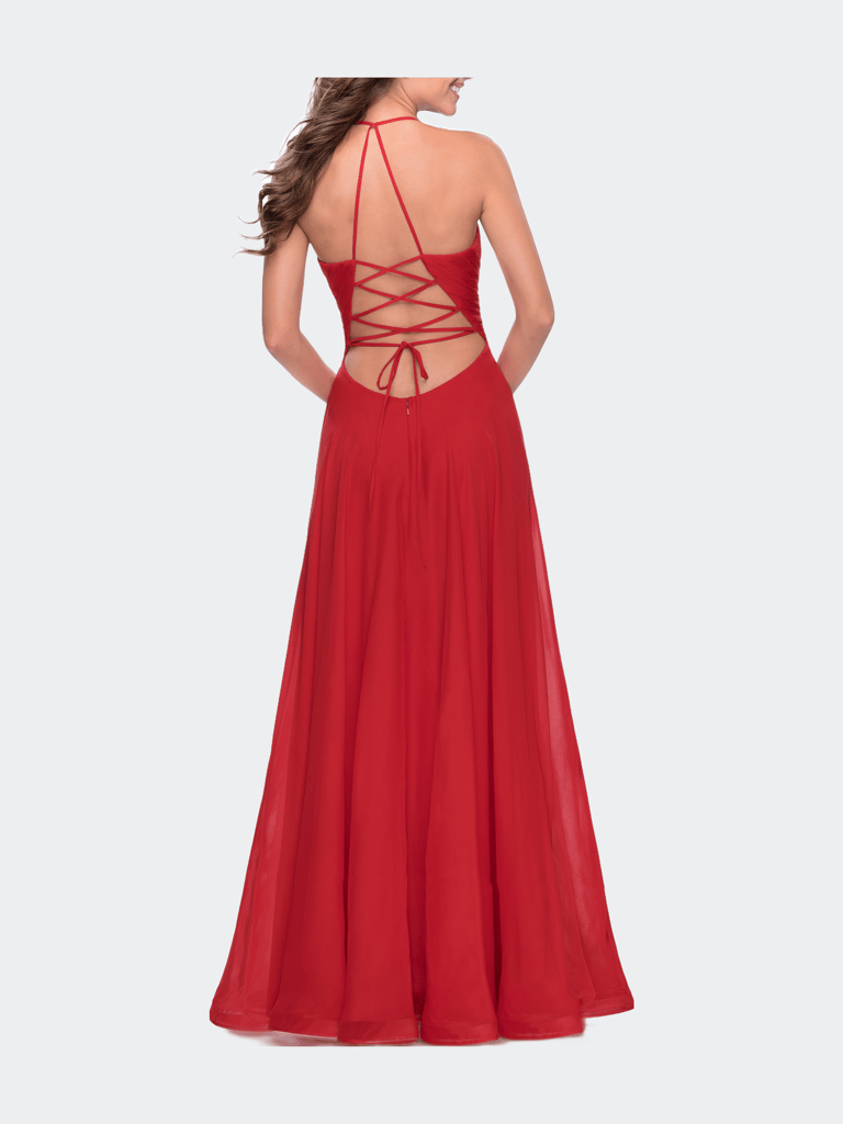 Long Chiffon Prom Dress with Unique Lace Up Back