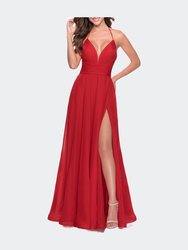 Long Chiffon Prom Dress with Unique Lace Up Back - Red