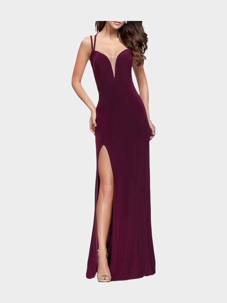Long Classic Prom Dress with Side Leg Slit and Deep V - Dark Berry
